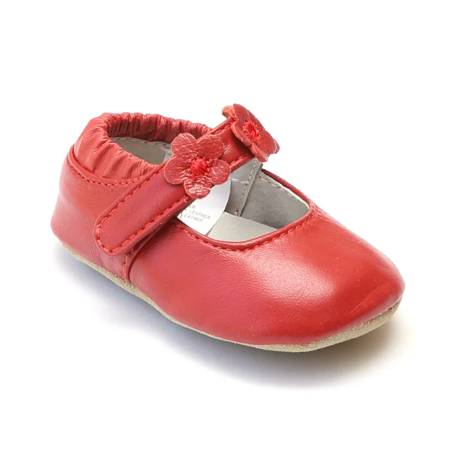 L'Amour Infant Girls Red Flower Trio Mary Janes