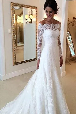 Long Sleeves Lace A-line Boat Neckline Ivory Long Bridal Dress Wedding Dresses PFW0271