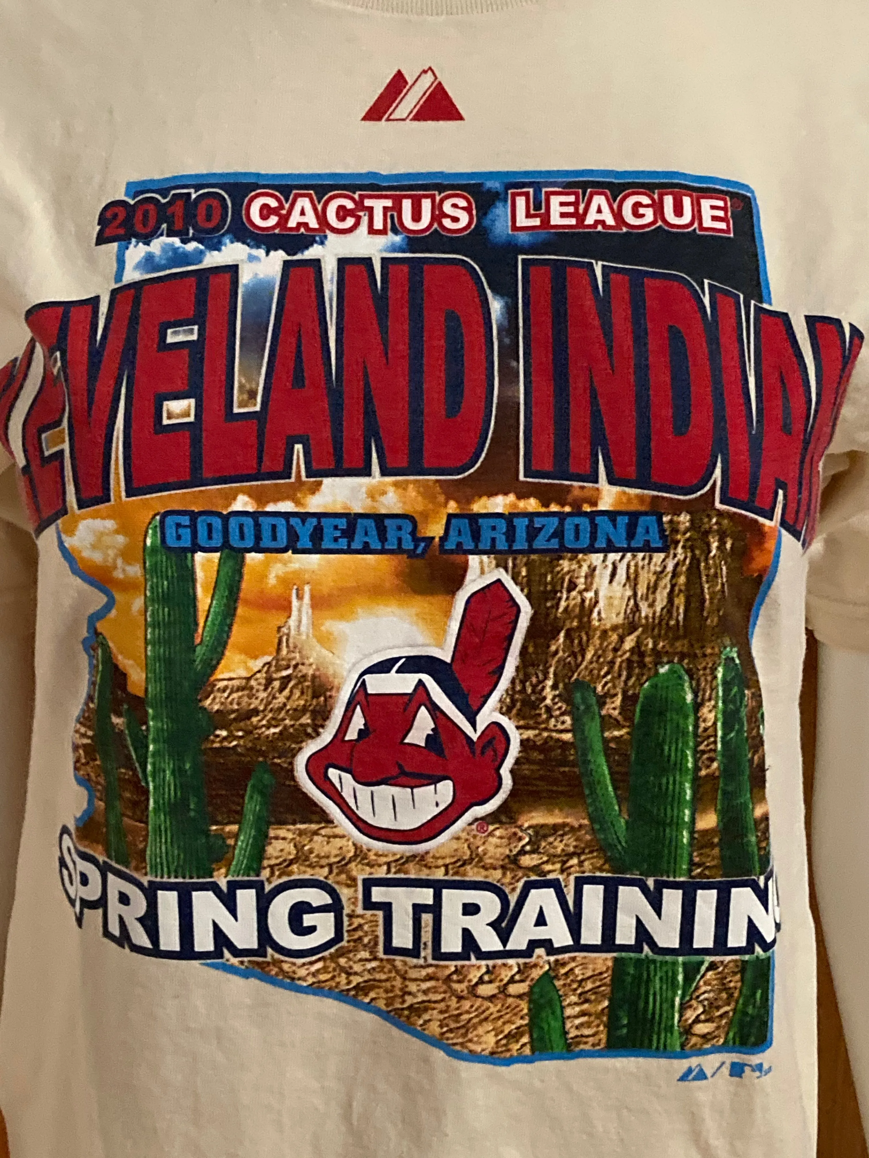 MAJESTIC ATHLETICS "CLEVELAND INDIANS 2010 CACTUS LEAGUE" GOODYEAR ARIZONA SPRING TRAINING Graphic Print Kids Youth Unisex T-Shirt Tee Shirt L Lrg Large Cream Shirt