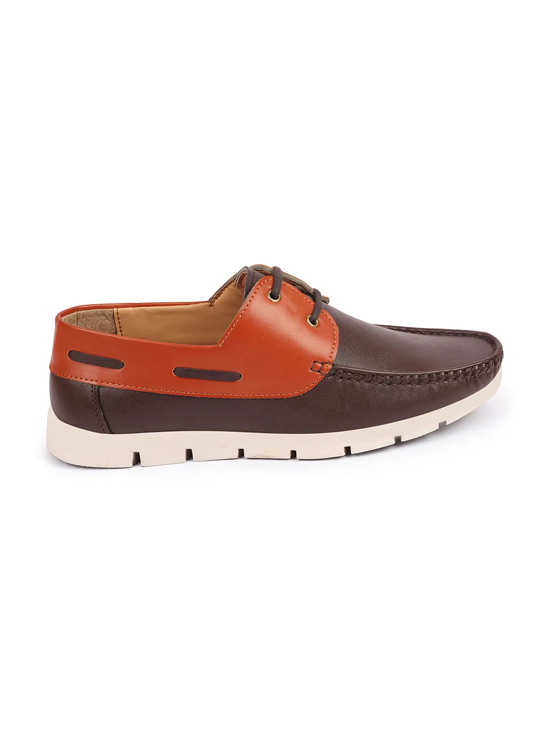 Men Brown Side Lace Stitched Design Lace Up Boat Shoes