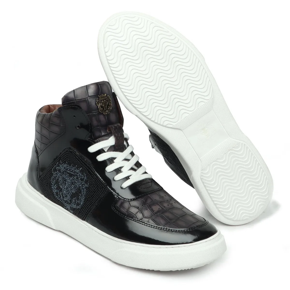 Men's Black Smokey Grey Beads Lion Zardosi Leather Sneakers with Patent Detailing by Brune & Bareskin