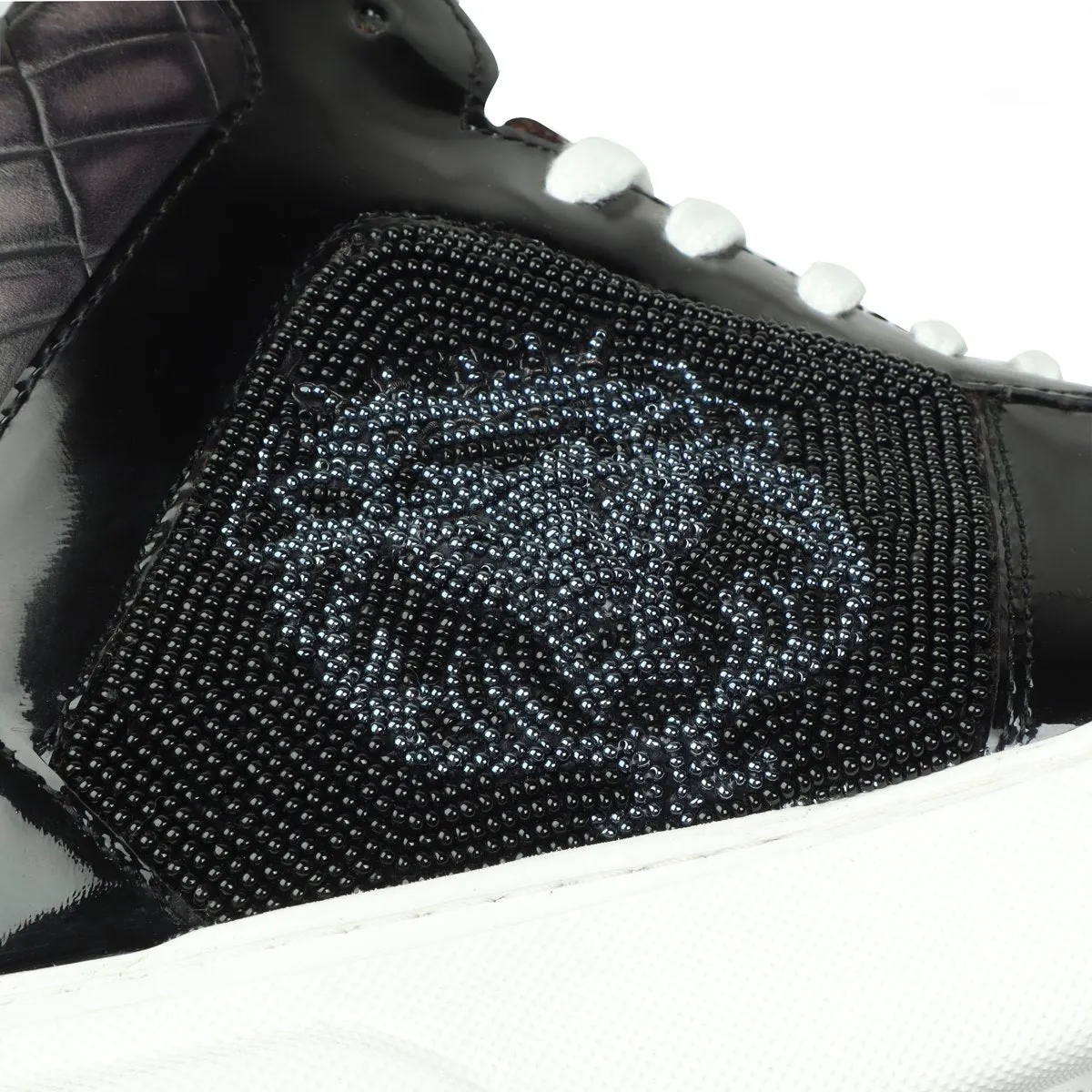 Men's Black Smokey Grey Beads Lion Zardosi Leather Sneakers with Patent Detailing by Brune & Bareskin