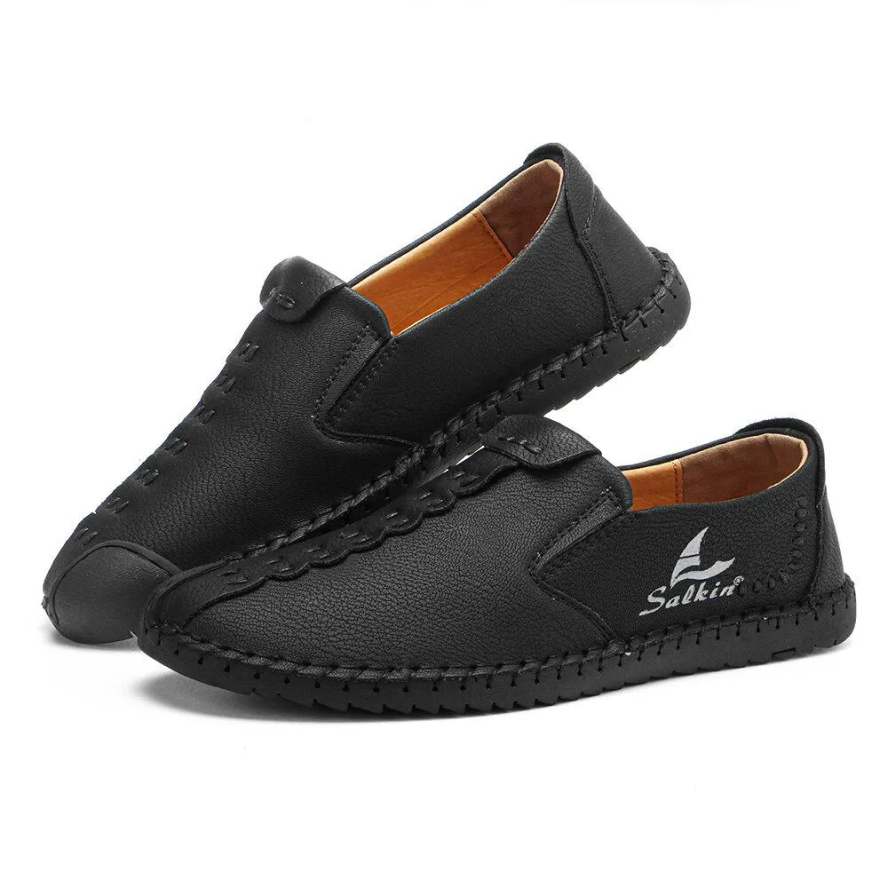 Men's Micfofiber Leather Wearable Soft Sole Slip-on Hand Sewing Flat Shoes