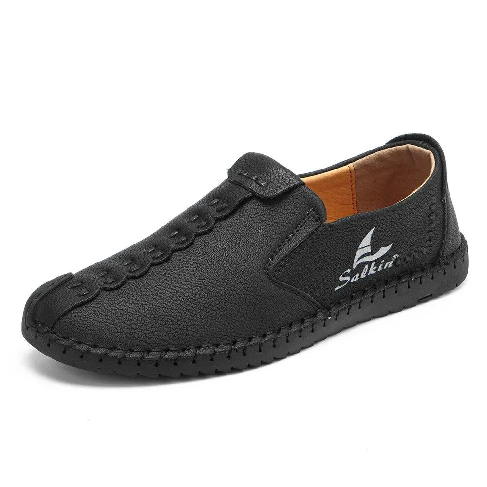 Men's Micfofiber Leather Wearable Soft Sole Slip-on Hand Sewing Flat Shoes