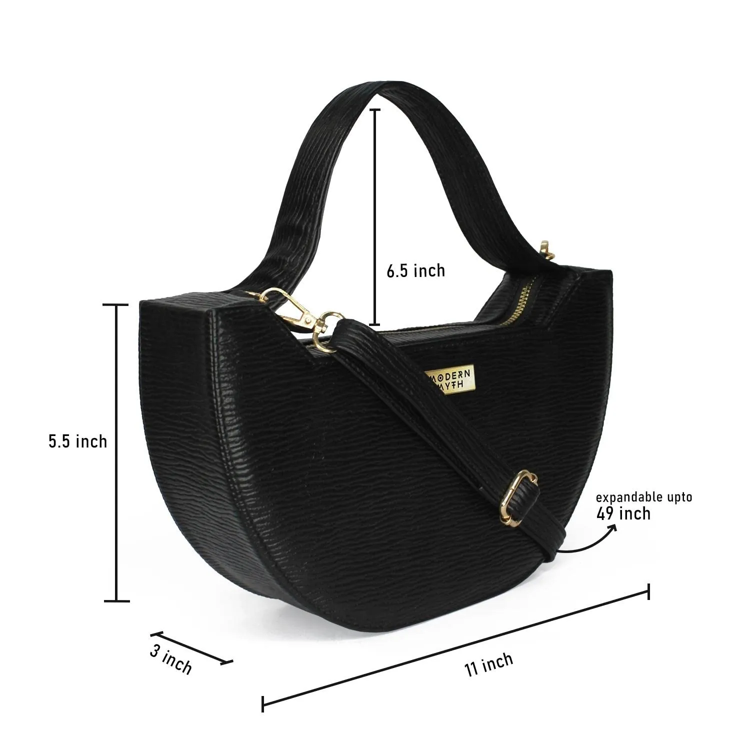 Modern Myth SAIL Black Ribbed Half Moon Shaped Handbag for Girls & Women