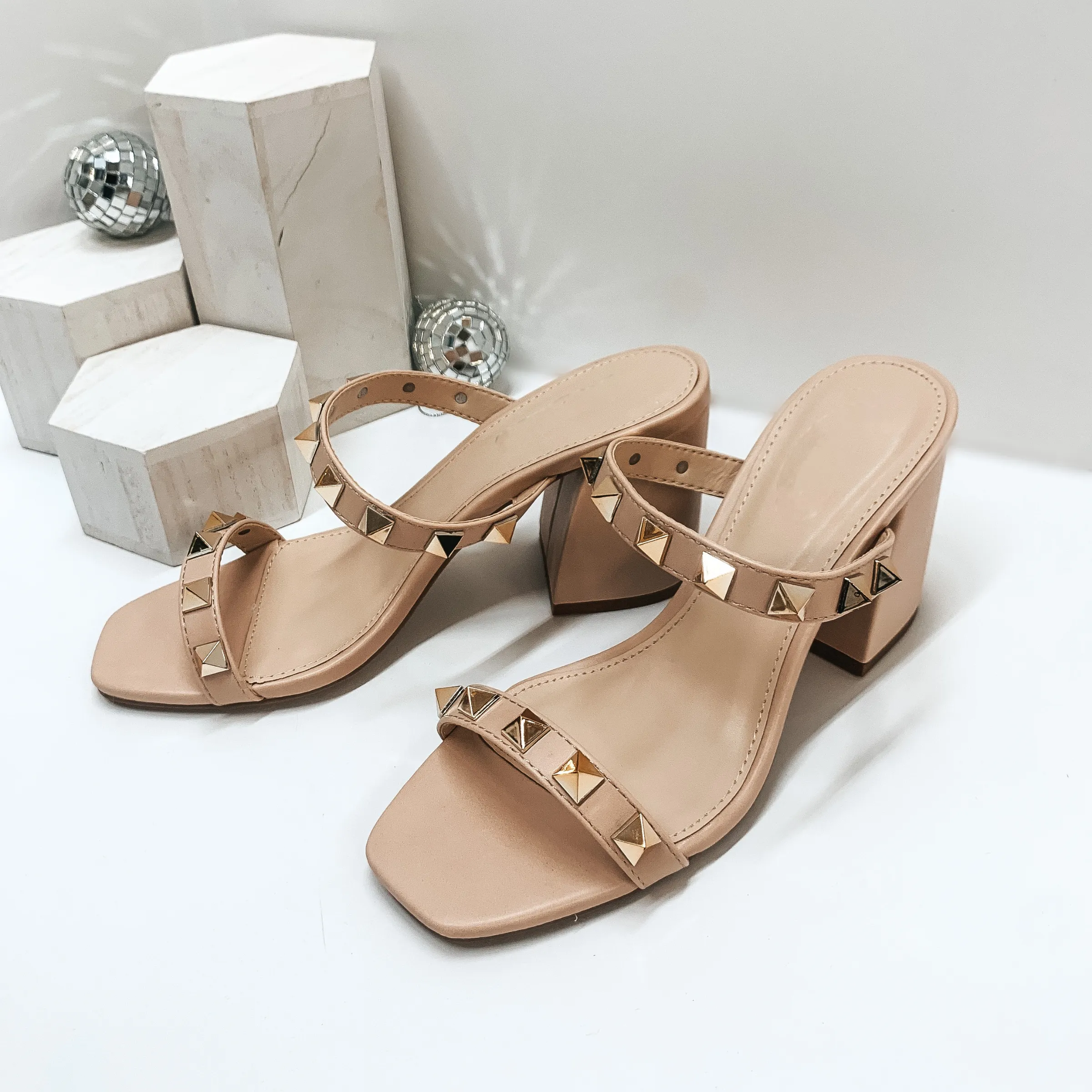 Now and Later Gold Studded Two Band Slide On Heels in Nude