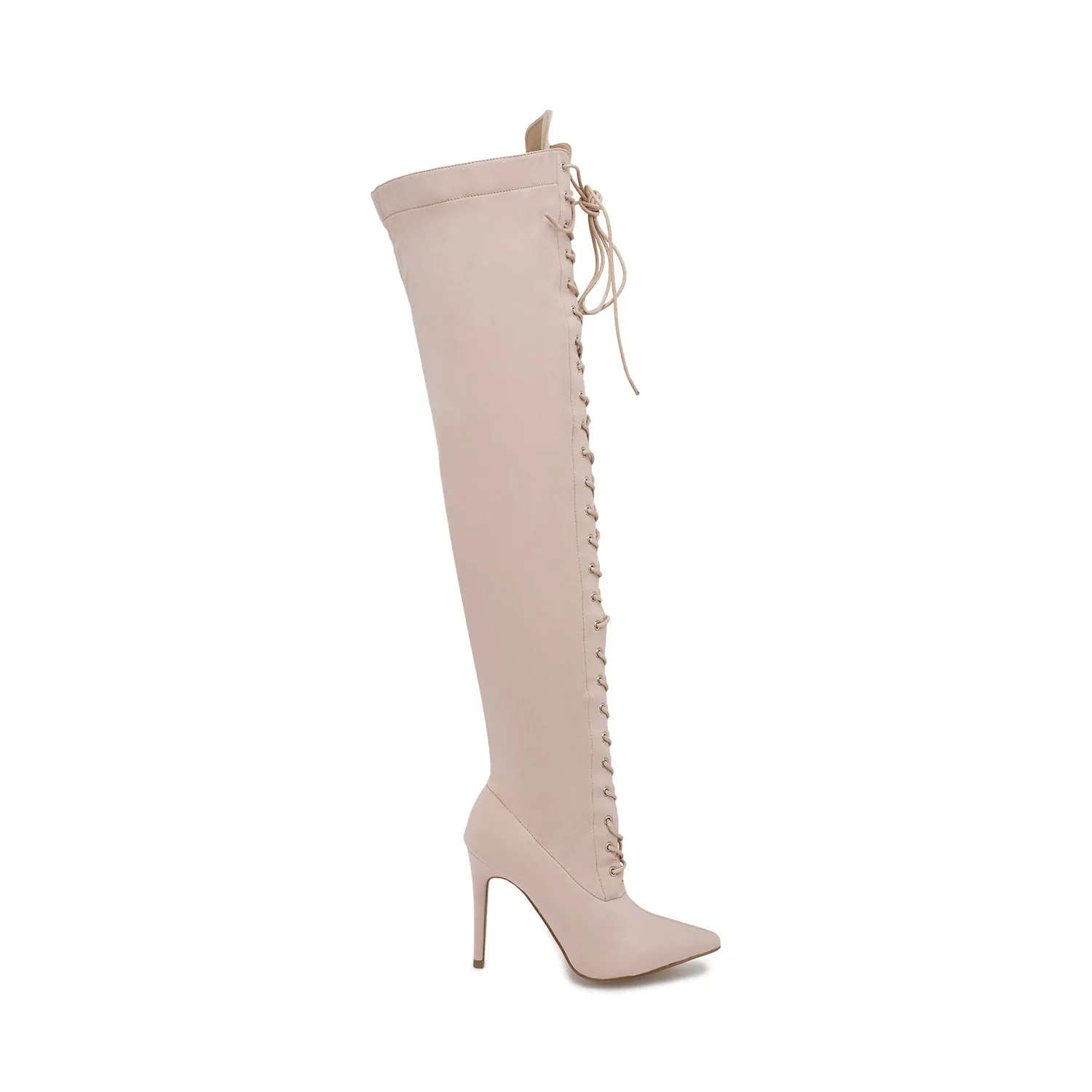 Nude Lycra Stiletto Lace Up Thigh High Boots