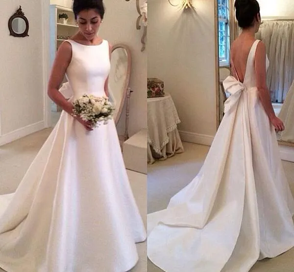 NumberSea Satin Boat Neck Sleeveless Deep V Back Wedding Dresses With Sweep Train, MW112