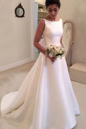 NumberSea Satin Boat Neck Sleeveless Deep V Back Wedding Dresses With Sweep Train, MW112