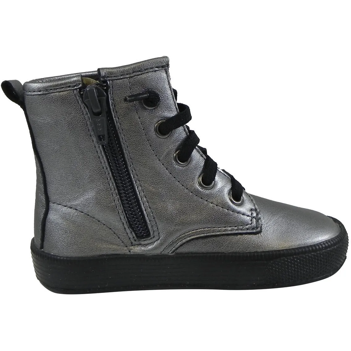 Old Soles Boy's and Girl's 1023 Rich Silver Swag High Top Leather Zip Up Stretch Lace Sneaker Boots