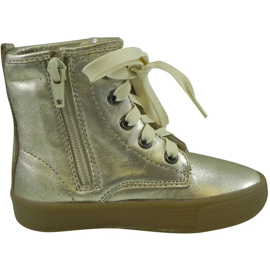 Old Soles Girl's 1023 Swag High Top Gold Leather Zip Up Stretch Lace Sneaker Boots