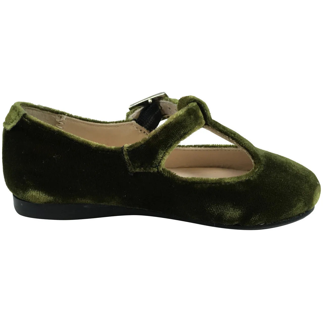 Papanatas by Eli Girl's 6427 Velvet Green T-Strap Buckle Mary Jane Flats