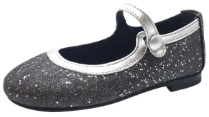 Papanatas by Eli Girl's Charcoal Grey Silver Trim Sparkle Mary Janes Button Flats