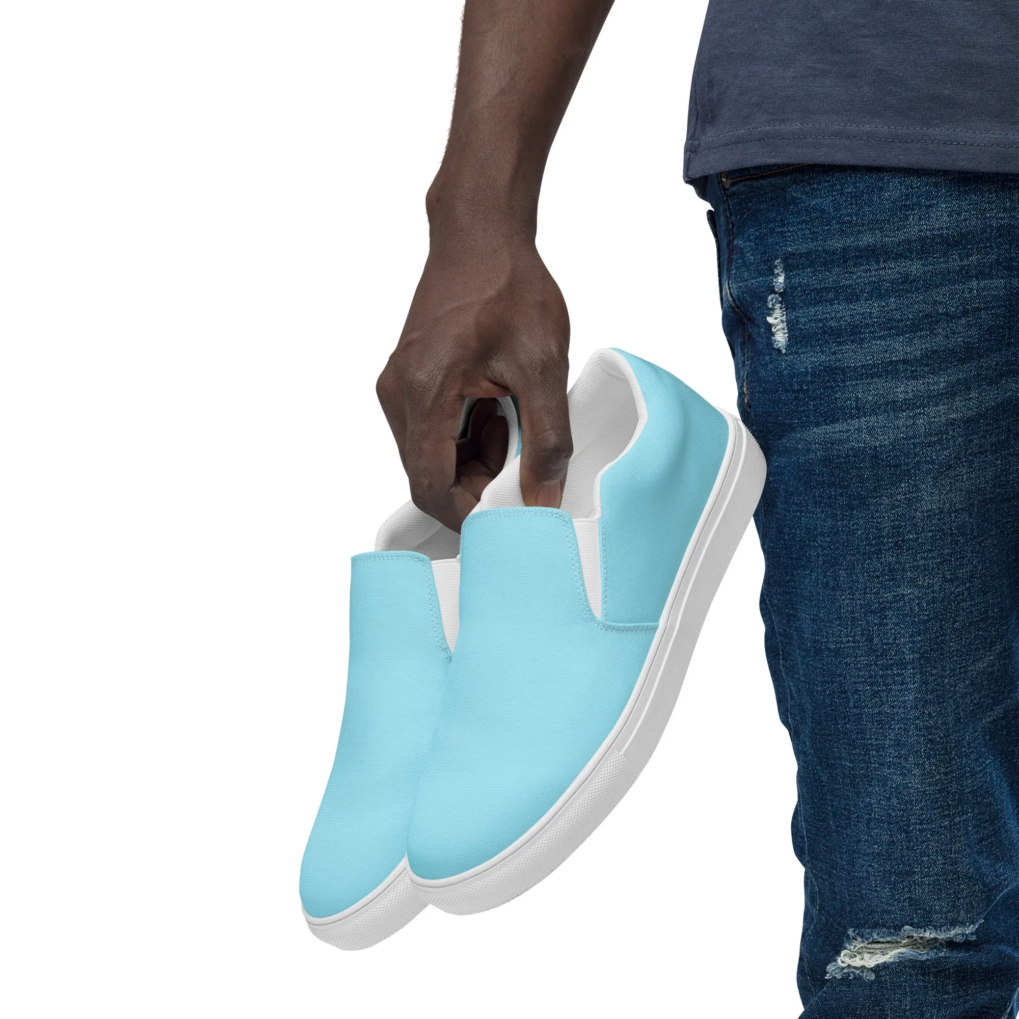 Pastel Blue Men's Slip Ons, Solid Light Blue Color Best Casual Breathable Men’s Slip-on Canvas Shoes (US Size: 5-13)