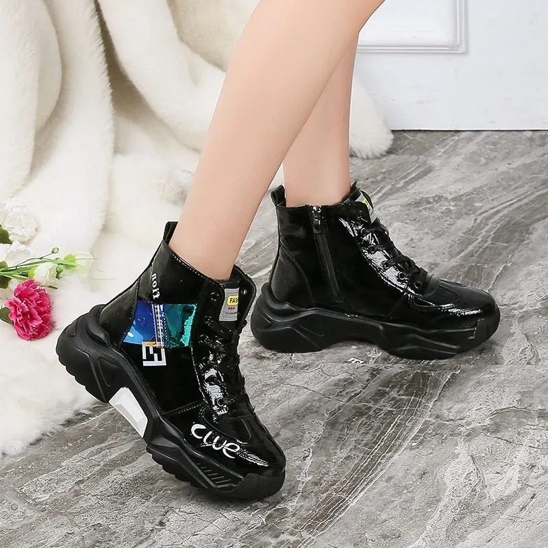 Platform Sneakers Tendon Sole Women's Shoes Patent Leather