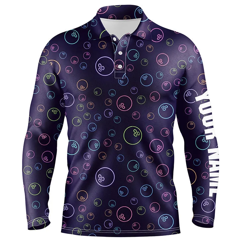 Purple Neon Bowling Ball Glowing Pattern Custom Mens Bowling Long Sleeve Polo Shirts, Bowling Team League Jerseys