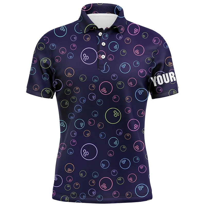 Purple Neon Bowling Ball Glowing Pattern Custom Mens Bowling Long Sleeve Polo Shirts, Bowling Team League Jerseys