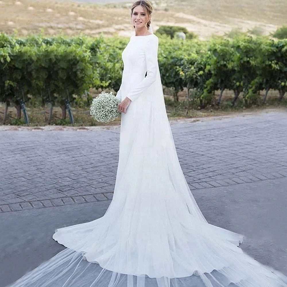 Sheath Long Sleeves Boat Neckline V Back Beach Country Wedding Gown OKW54