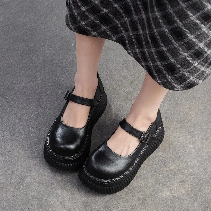 Sohiwoo Mary Janes Shoes Genuine Leather Flat Platform Shoes 2024 Spring New Buckle Thick Soled Height Increasing Sandals