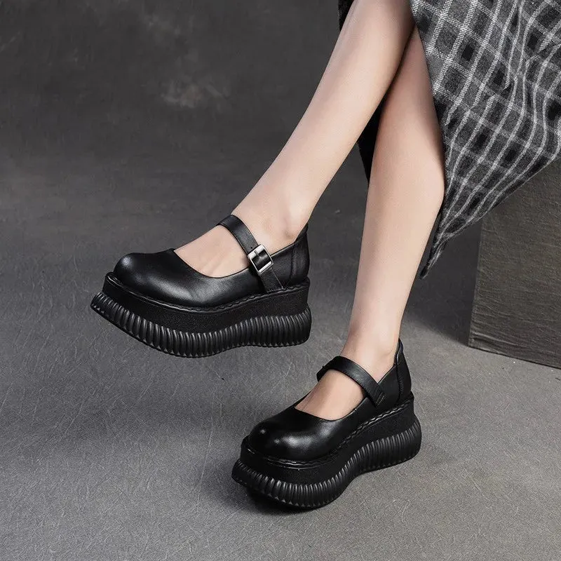 Sohiwoo Mary Janes Shoes Genuine Leather Flat Platform Shoes 2024 Spring New Buckle Thick Soled Height Increasing Sandals