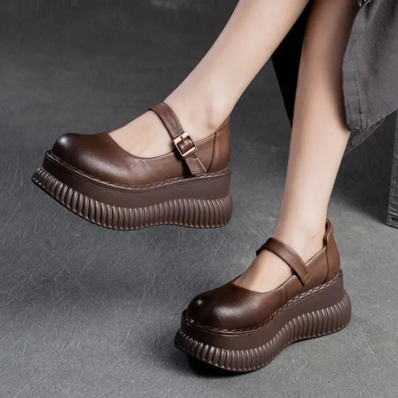 Sohiwoo Mary Janes Shoes Genuine Leather Flat Platform Shoes 2024 Spring New Buckle Thick Soled Height Increasing Sandals