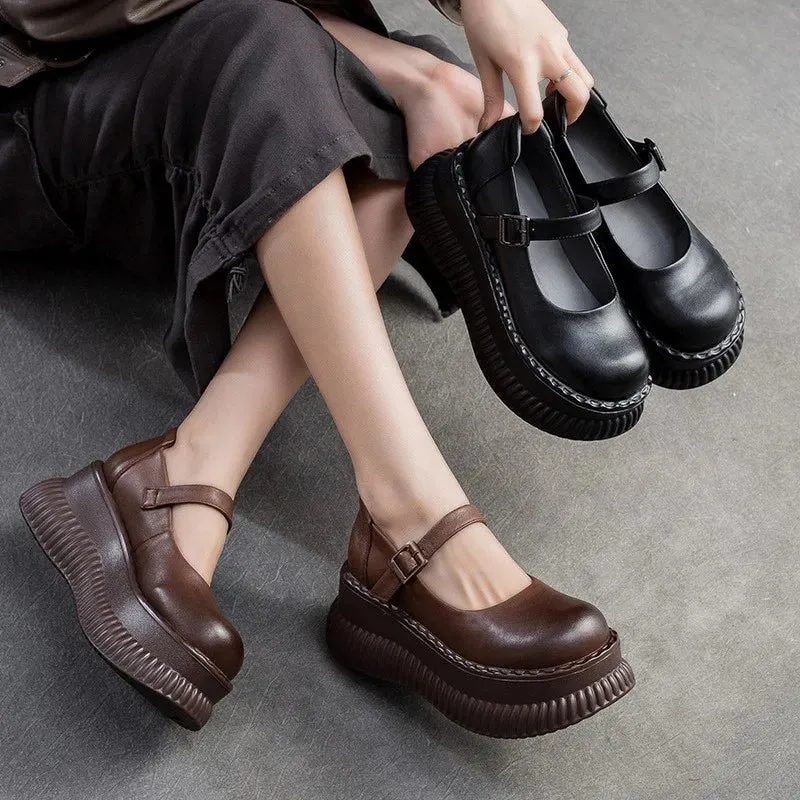 Sohiwoo Mary Janes Shoes Genuine Leather Flat Platform Shoes 2024 Spring New Buckle Thick Soled Height Increasing Sandals