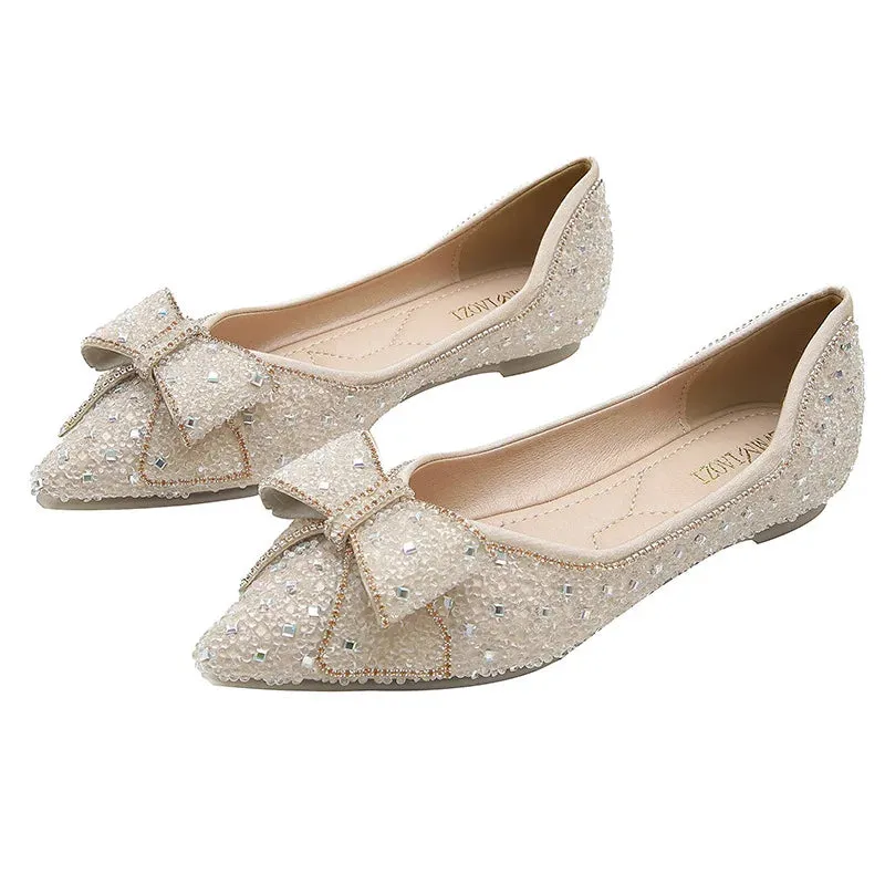 Sohiwoo Spring New Rhinestones Women's Ballet Flats Shoes Fashion Bowtie Pointed Toe Comfort Loafers Ladies Moccasin Boat Shoes