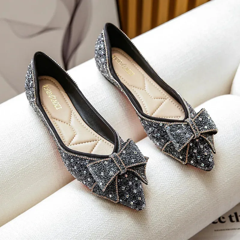 Sohiwoo Spring New Rhinestones Women's Ballet Flats Shoes Fashion Bowtie Pointed Toe Comfort Loafers Ladies Moccasin Boat Shoes