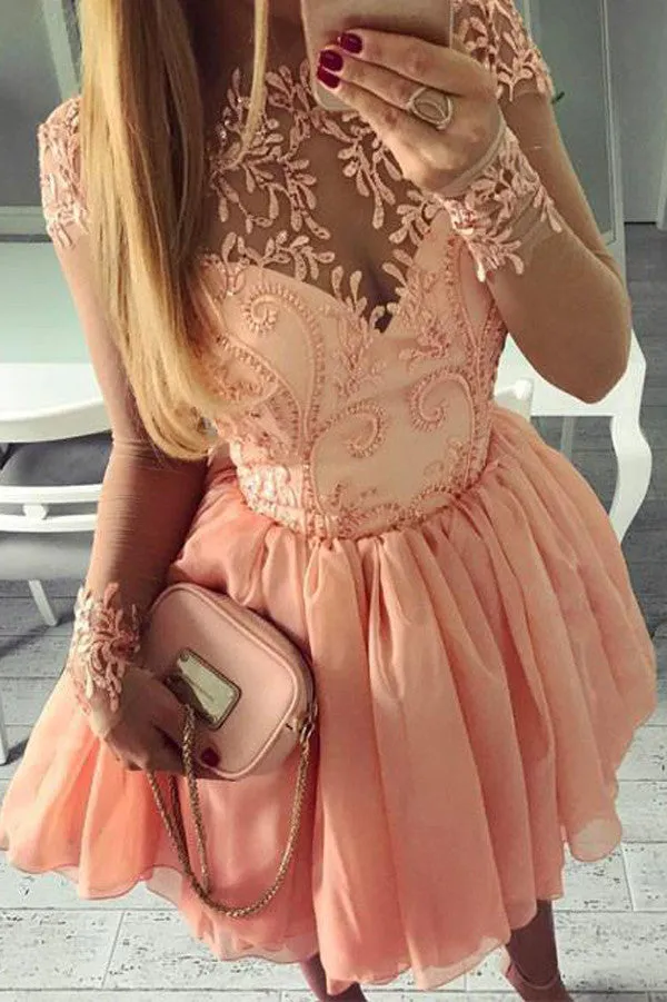 Sweet Long Sleeves Short Prom Dress,Appliques Beading Homecoming Dress Party Dress,SH110