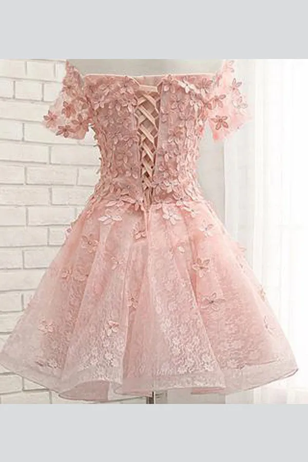 Sweet Off The Shoulder Short Prom Dress,Tulle  Appliques Floral Homecoming Dress Party Dress,SH109