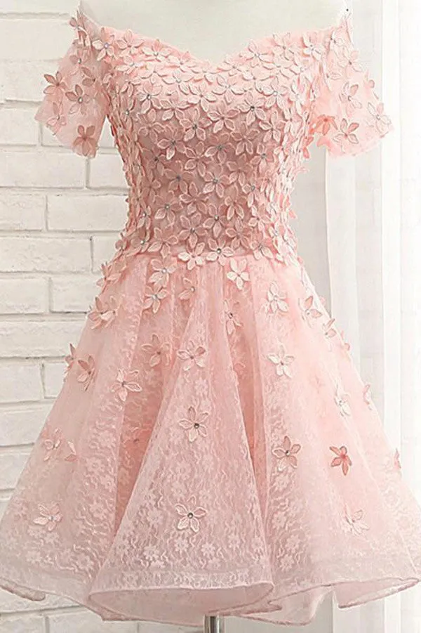 Sweet Off The Shoulder Short Prom Dress,Tulle  Appliques Floral Homecoming Dress Party Dress,SH109