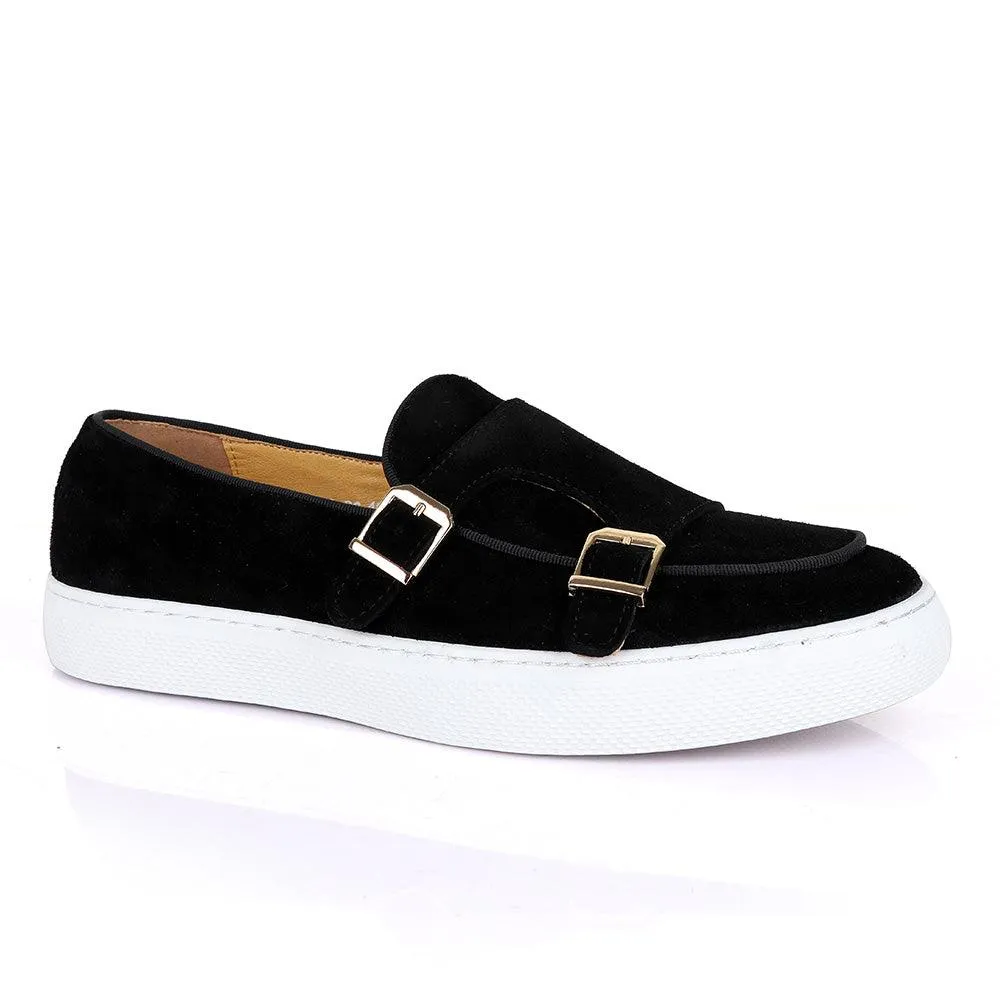 Terry Taylors Monk Double Strap Black Suede Sneaker Shoe