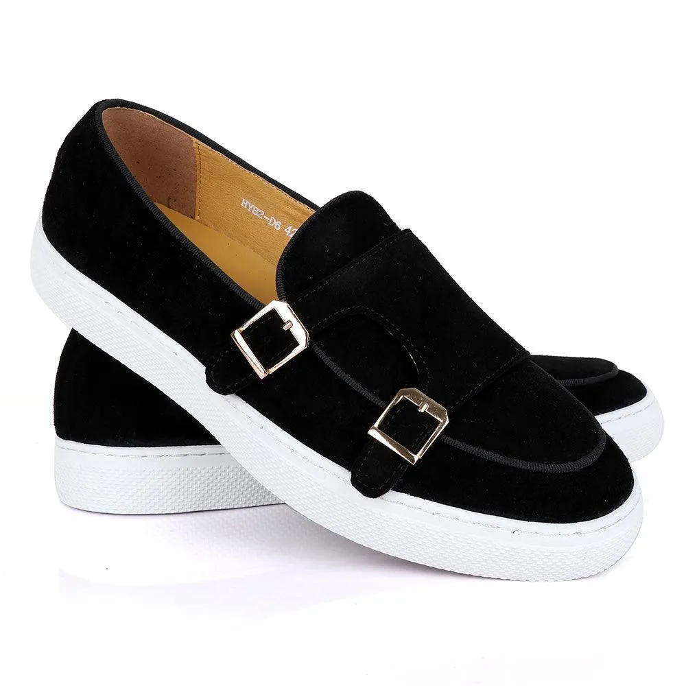 Terry Taylors Monk Double Strap Black Suede Sneaker Shoe