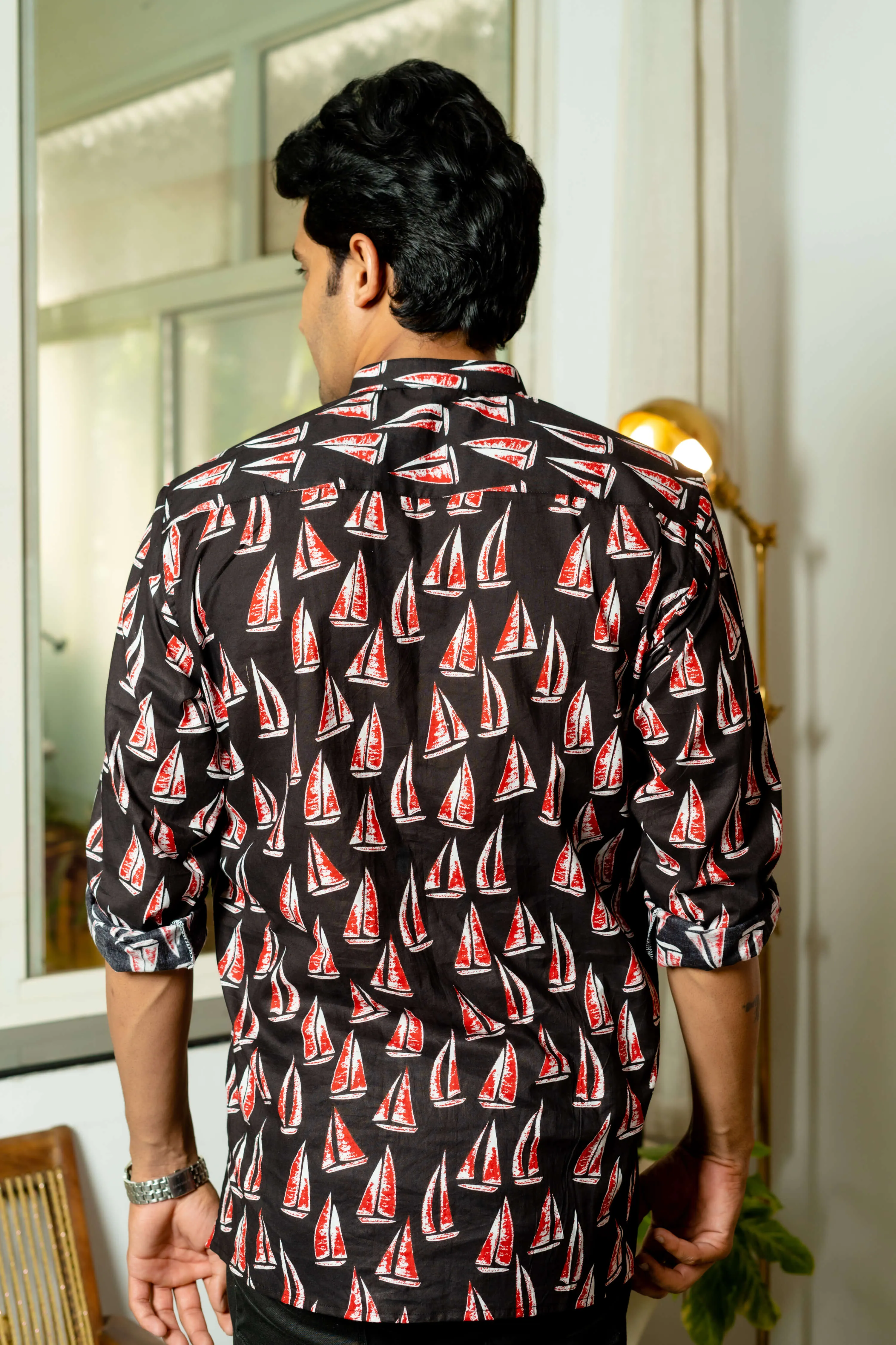 The Black Short Kurta With White And Red Boat Print