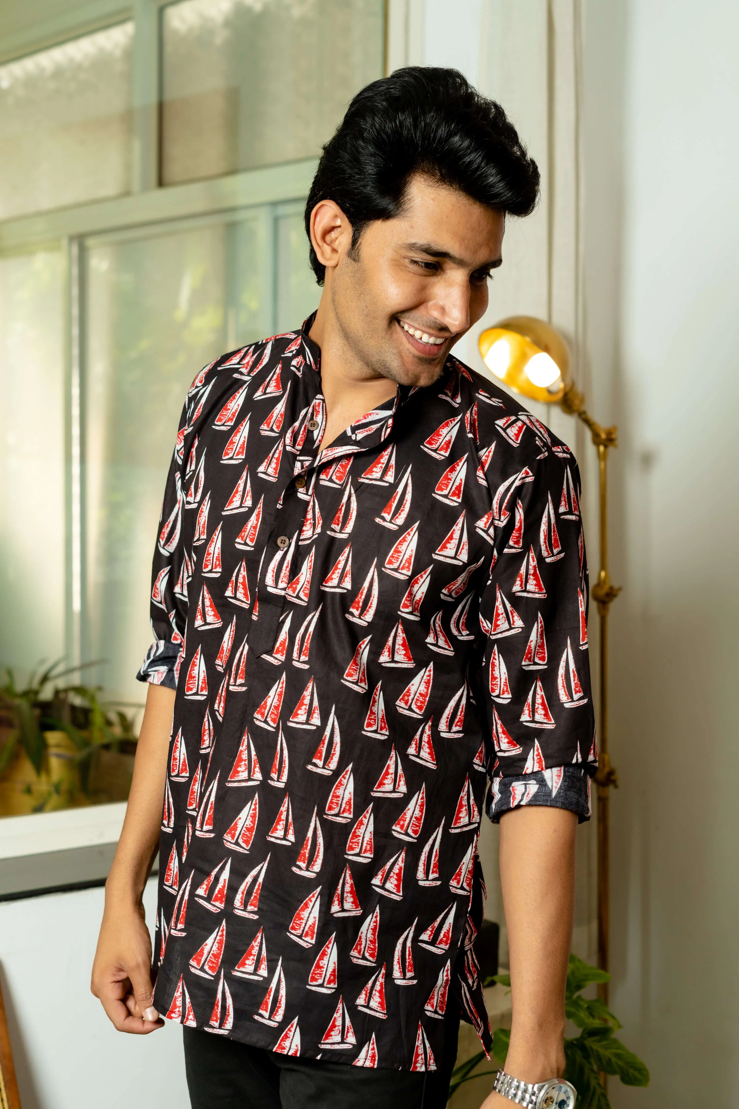 The Black Short Kurta With White And Red Boat Print