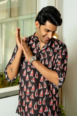 The Black Short Kurta With White And Red Boat Print