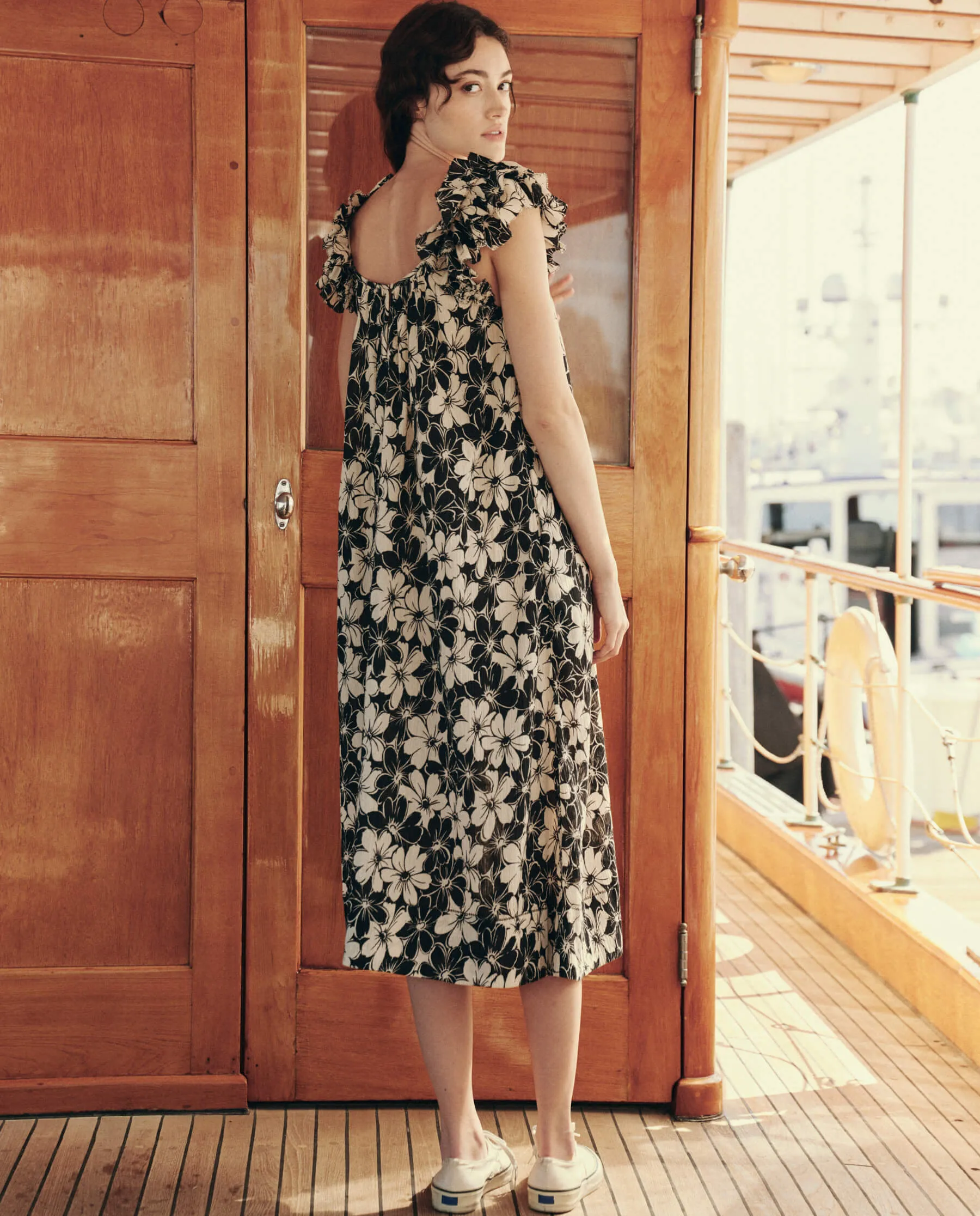 The Great Cascade Dress in Black and Cream Hibiscus Floral