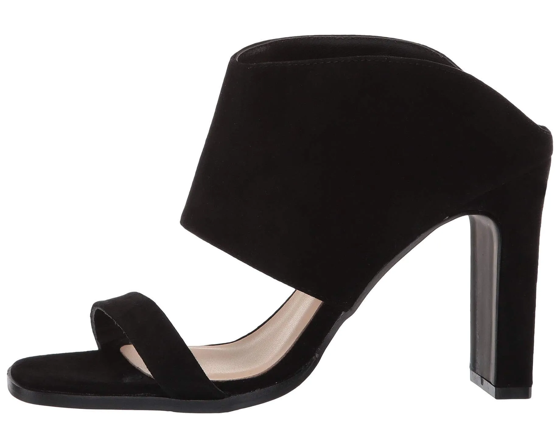 The Linda Heels: Black Double Strap Suede Slip On Heels