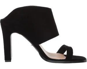 The Linda Heels: Black Double Strap Suede Slip On Heels