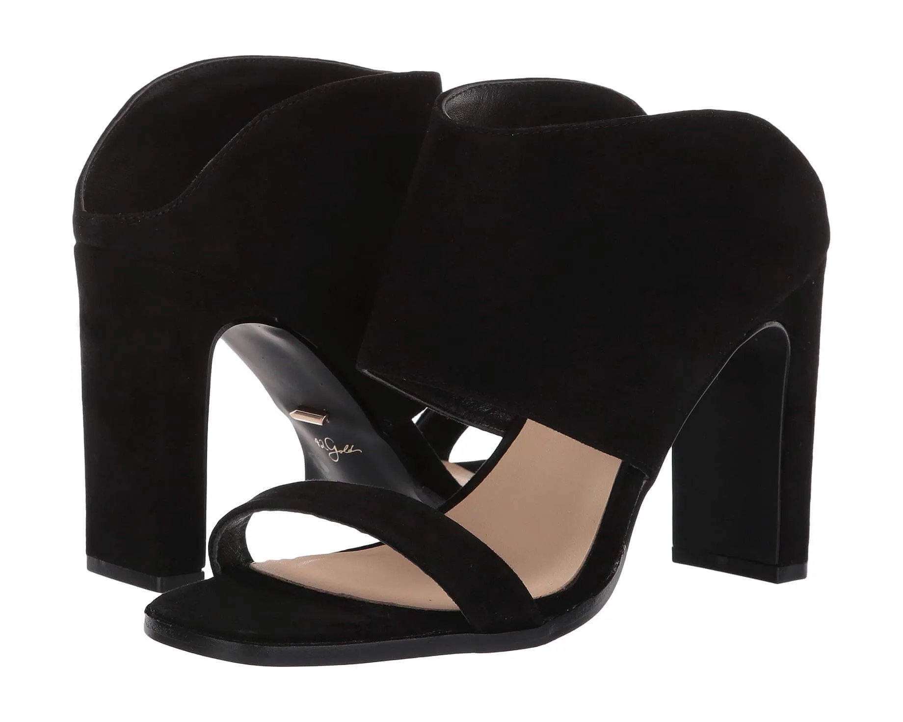 The Linda Heels: Black Double Strap Suede Slip On Heels