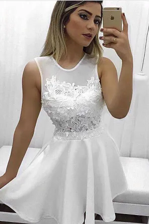 White Boat Short Prom Dress,Sheer Back Appliques Homecoming Dress,Party Dress SH167