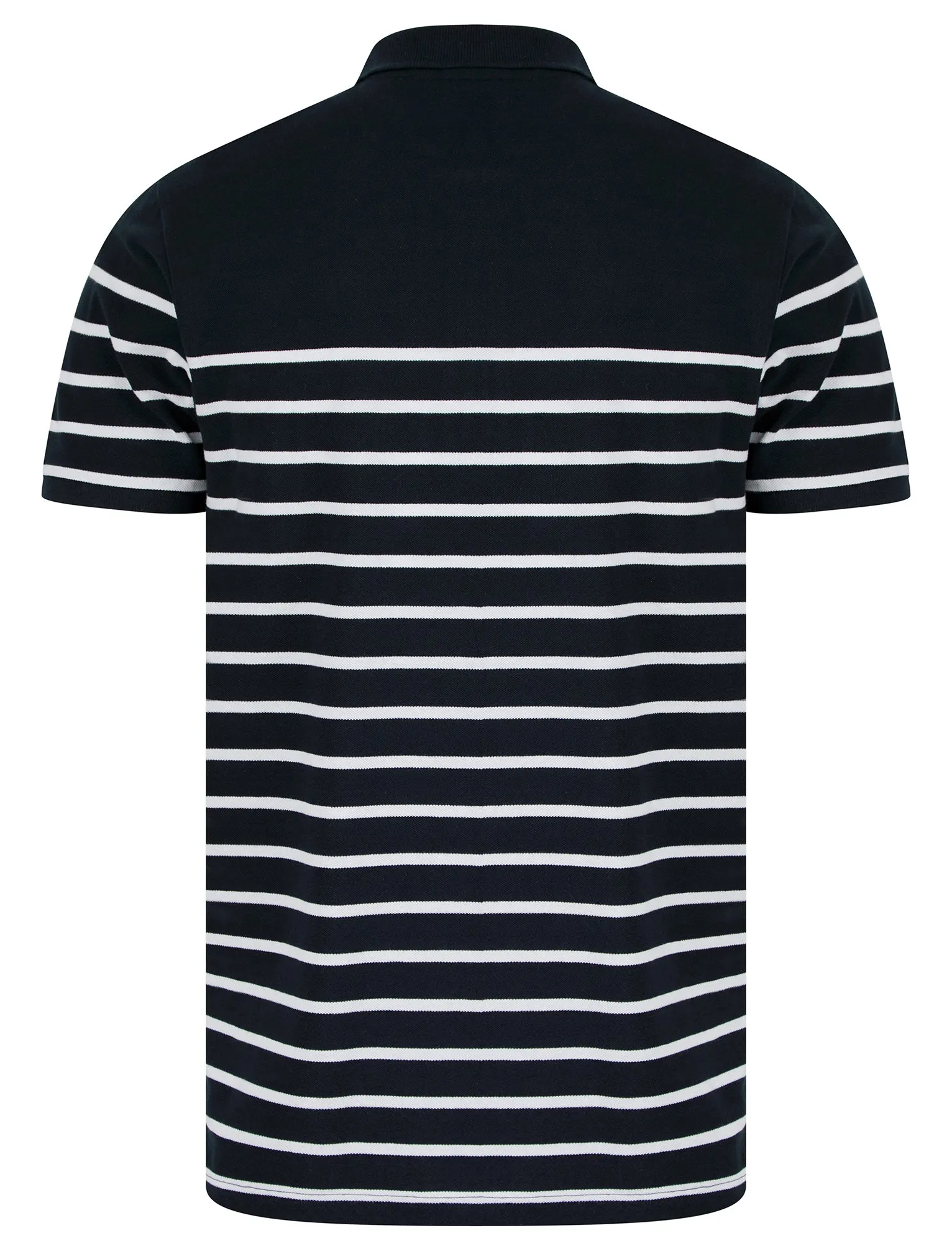 Wick Yarn Dyed Stripe Cotton Pique Zip Fasten Polo Shirt in Sky Captain Navy - Tokyo Laundry