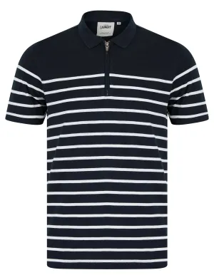 Wick Yarn Dyed Stripe Cotton Pique Zip Fasten Polo Shirt in Sky Captain Navy - Tokyo Laundry