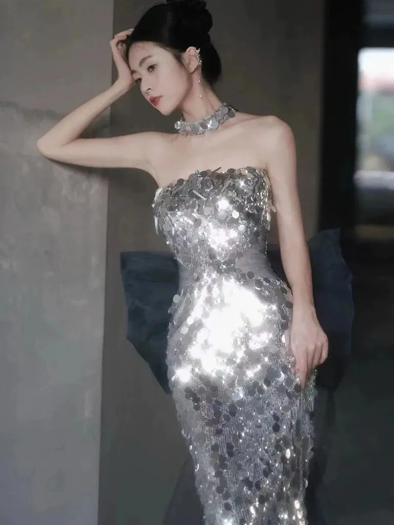 Wjczt Sequins Mermaid Celebrity Dresses Boat Neck Sleeveless Silver Glitter Shiny Luxury Quinceanera Detachable Bow Prom Evening Gowns