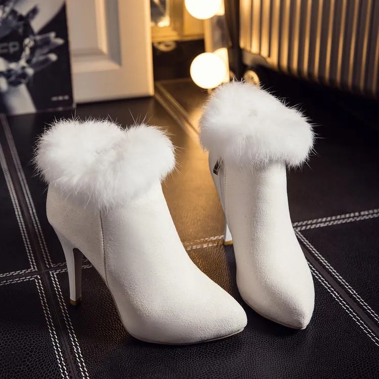 Women winter stiletto high heel pointed toe faux fur ankle boots