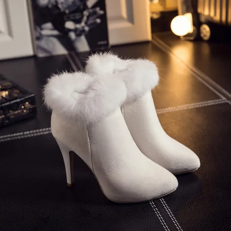 Women winter stiletto high heel pointed toe faux fur ankle boots