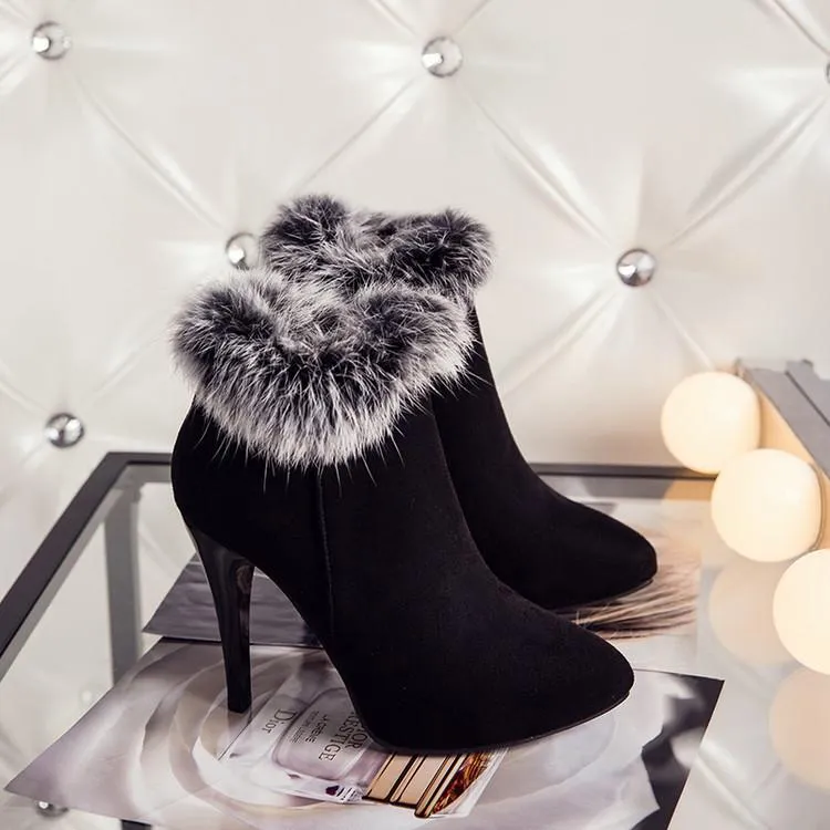 Women winter stiletto high heel pointed toe faux fur ankle boots