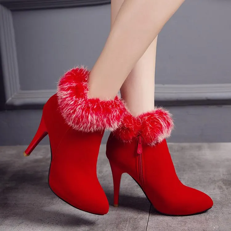 Women winter stiletto high heel pointed toe faux fur ankle boots