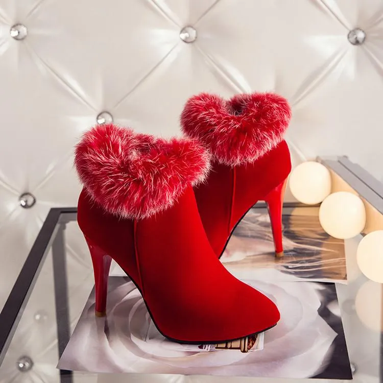 Women winter stiletto high heel pointed toe faux fur ankle boots