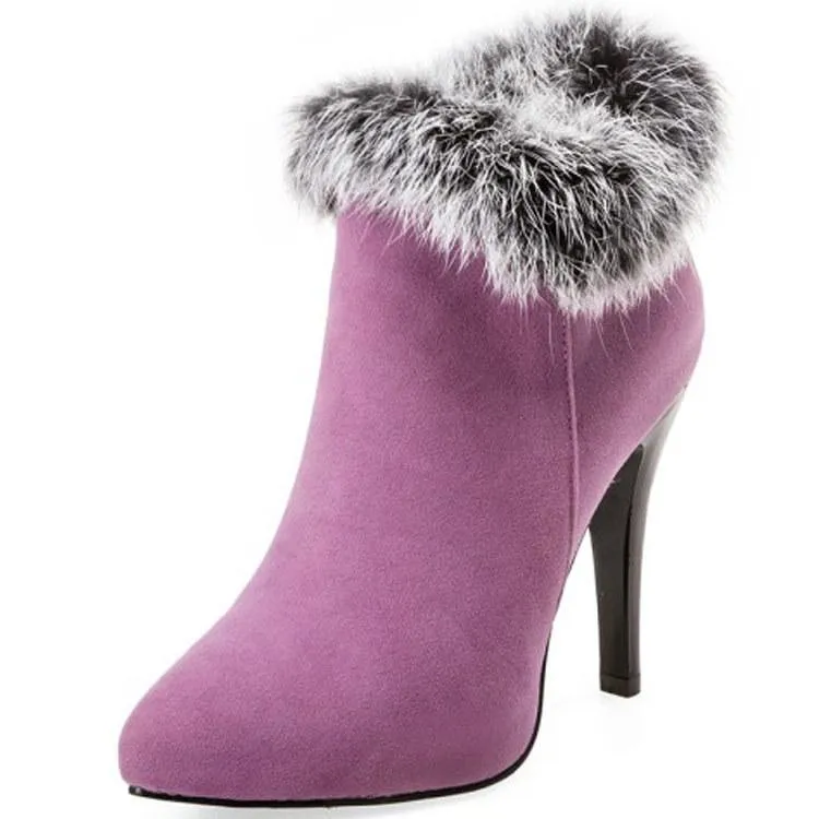 Women winter stiletto high heel pointed toe faux fur ankle boots